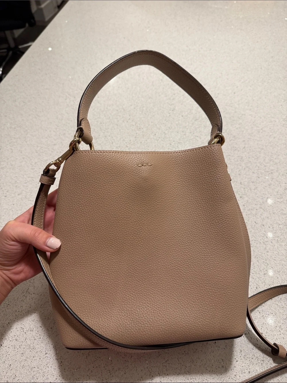 Coach Pebbled Leather Bucket Bag in Taupe Brown with Gold Hardware